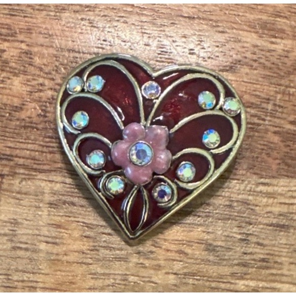 Vintage Style Red Enamel Heart Brooch Gold Tone Pink Flower AB Rhinestone